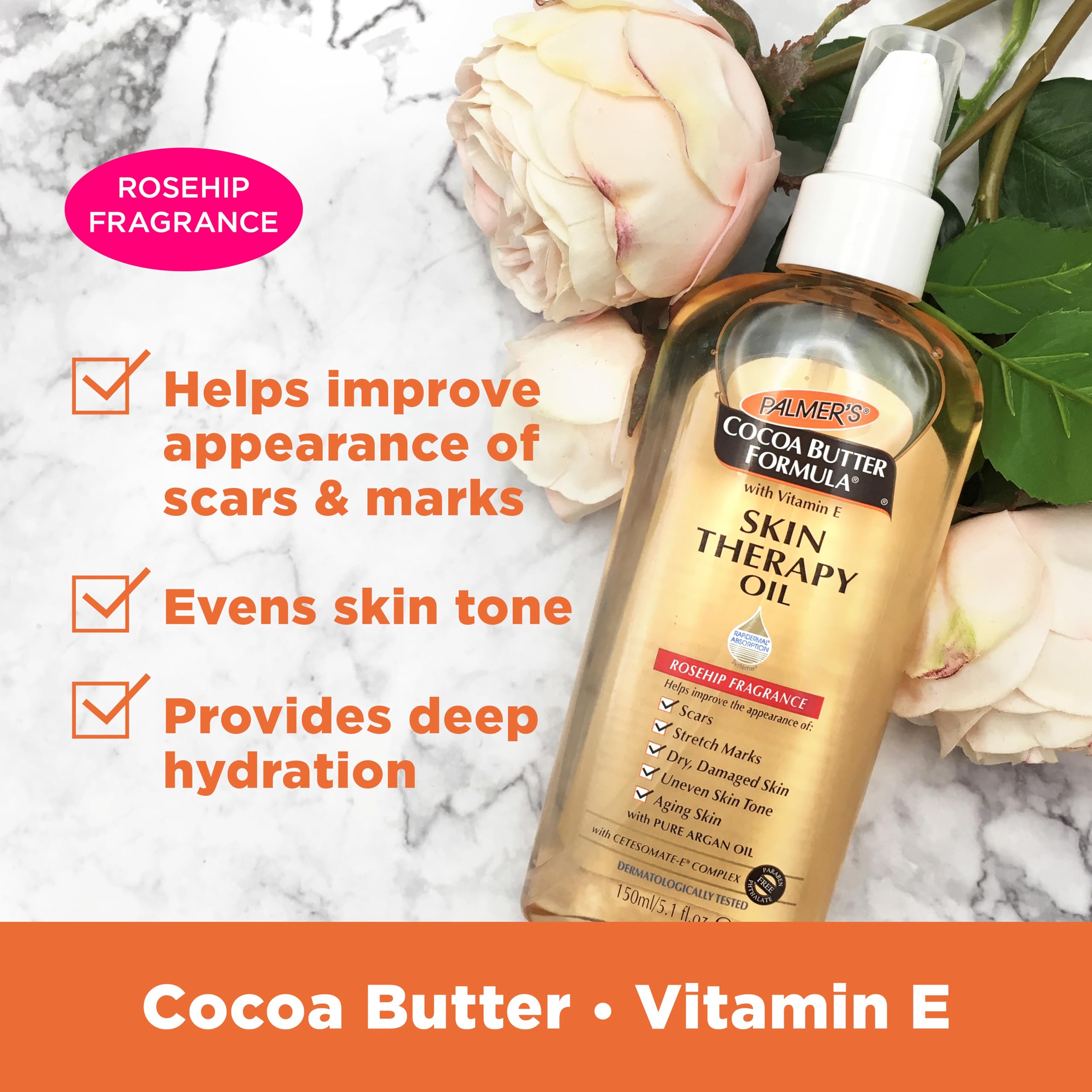 Palmer's Cocoa Butter Formula Skin Therapy Moisturizing Body Oil with Vitamin E, Rosehip Fragrance, 5.1 Ounces